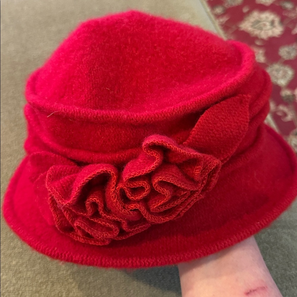 Vintage Red Lawliet Wool Bucket Fedora Flower Hat (TD)